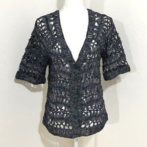 Chicos Blue Gray Twist Pinstripe Crochet Cardigan Sweater